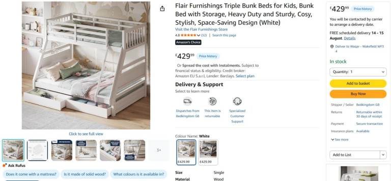 Flair Furnishings White Triple Bunk Bed with Storage