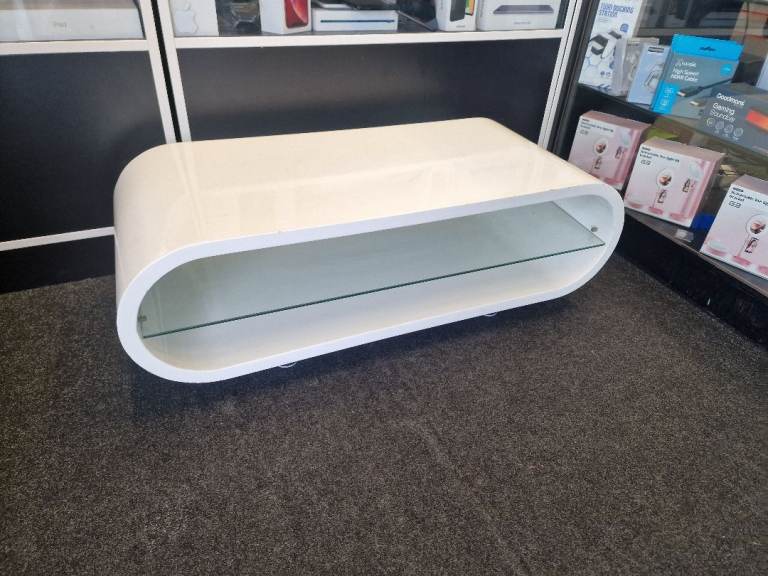 White Curved TV Stand with Glass Shelf – Good Condition