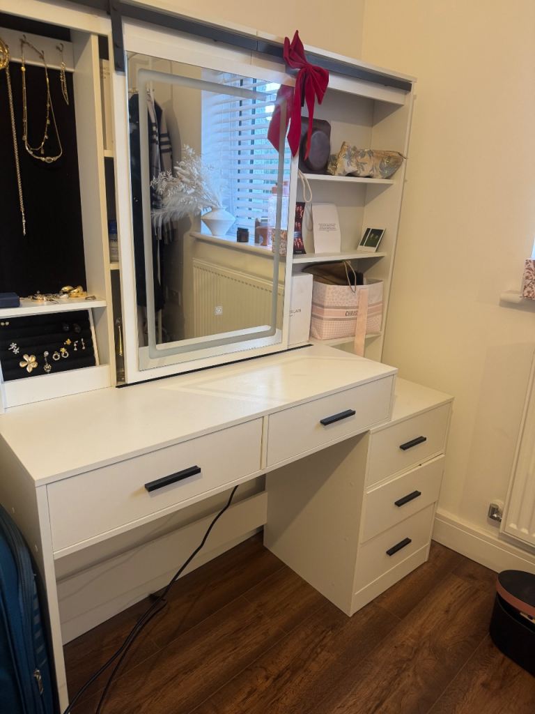 White Dressing Table with LED Mirror and Storage