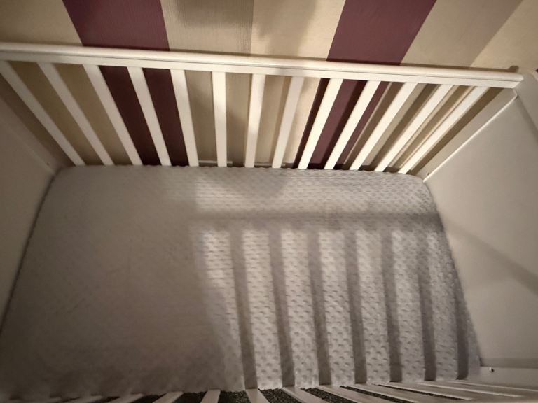 White IKEA SUNDVIK Cot Bed with Mattress & Teething Guard Rails