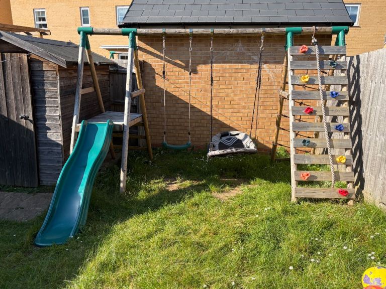 Rebo Wooden Swing Set with Deck and Slide plus Up and Over Climbing Wall 