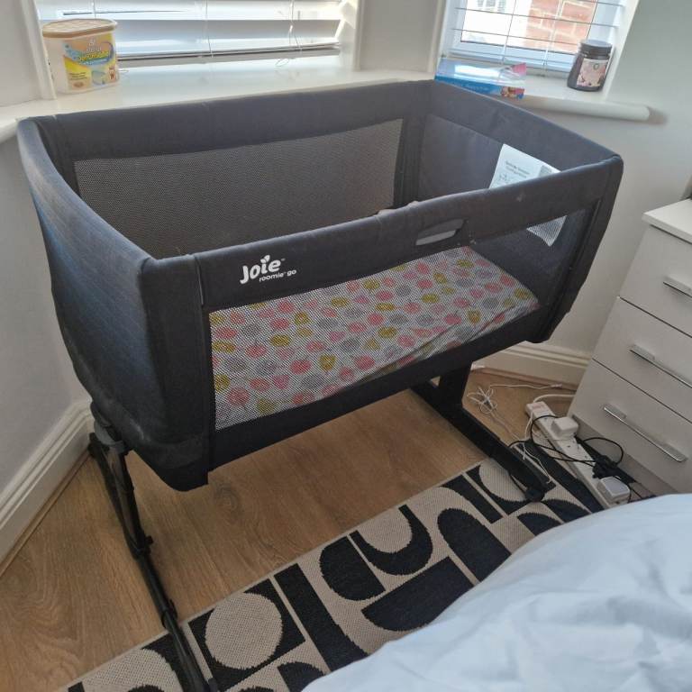 Black Joie Roomie go Next2me travel cot and bedside crib also travel friendly