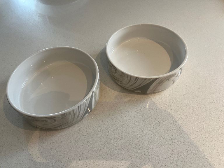 2 marble pet bowls