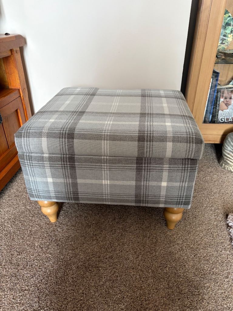 Grey Plaid Storage Footstool Ottoman with Wooden Legs