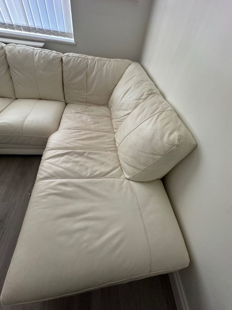 Cream Leather L Shaped Sofa 