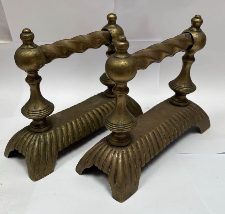 Pair of Antique Victorian Twisted Brass Fire Dogs