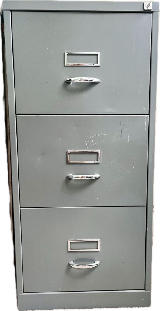Vintage grey metal lockable filing cabinet with three drawers