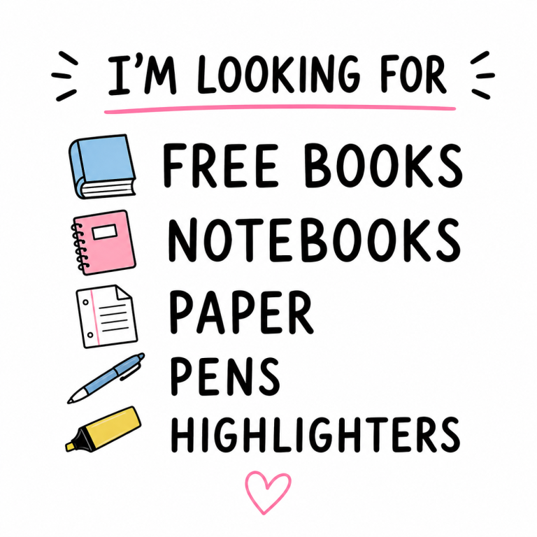Wanted: Free Books, Notebooks, Paper, Pens, Highlighters