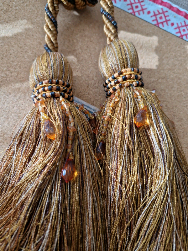Pair of curtain tie backs - gold and brown tones - bead accents
