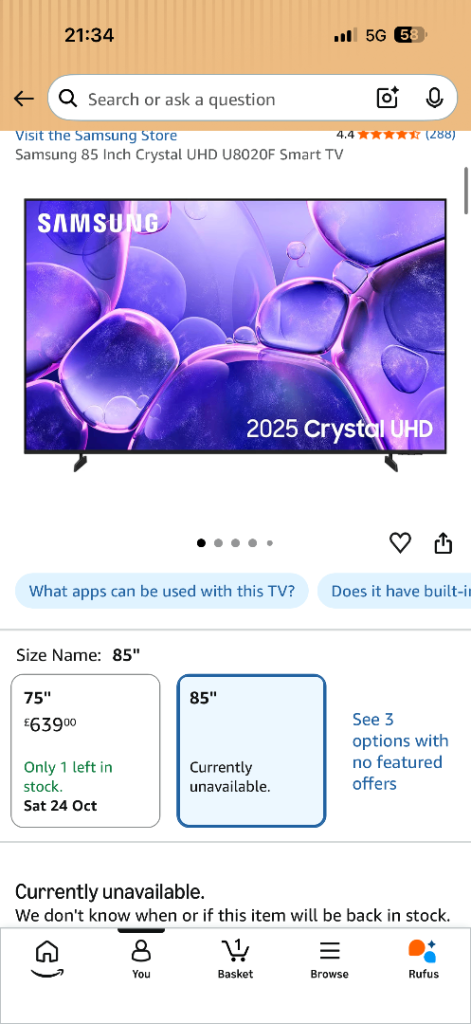 Samsung 85 Inch Crystal UHD Smart TV – Brand New