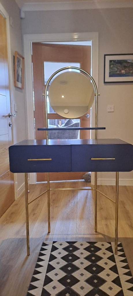 Habitat Navy Blue Dressing Table with Gold Legs and Mirror – Good Condition