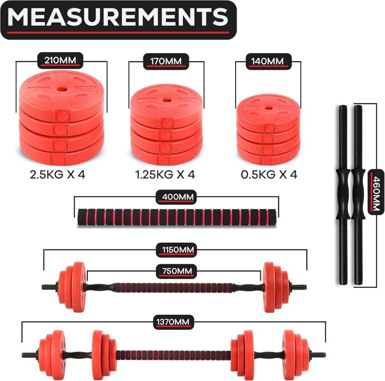 Adjustable Dumbbell & Barbell Weight Set 20KG – Like New, Red
