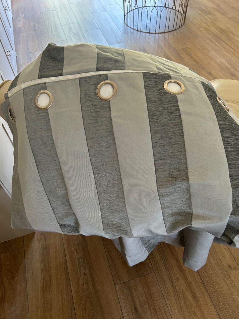 As new Dunelm eyelet curtains, fully lined, grey stripe 90” x 90”