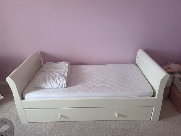 White Toddler Bed with Storage Drawers and Mattress