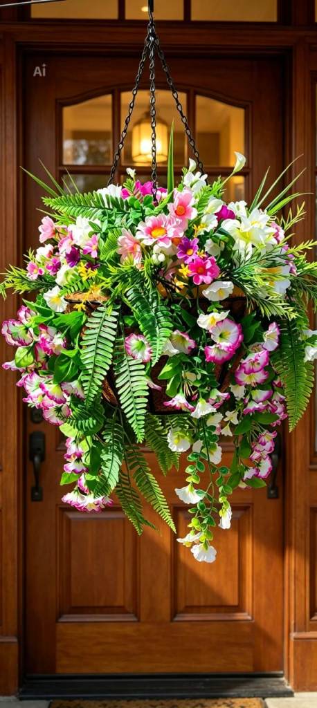 Artificial Hanging Basket with Pink and White Flowers