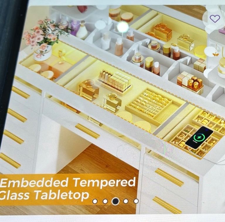 NEW...... Still in box   White Dressing Table with Tempered Glass Top & Gold Handles 
