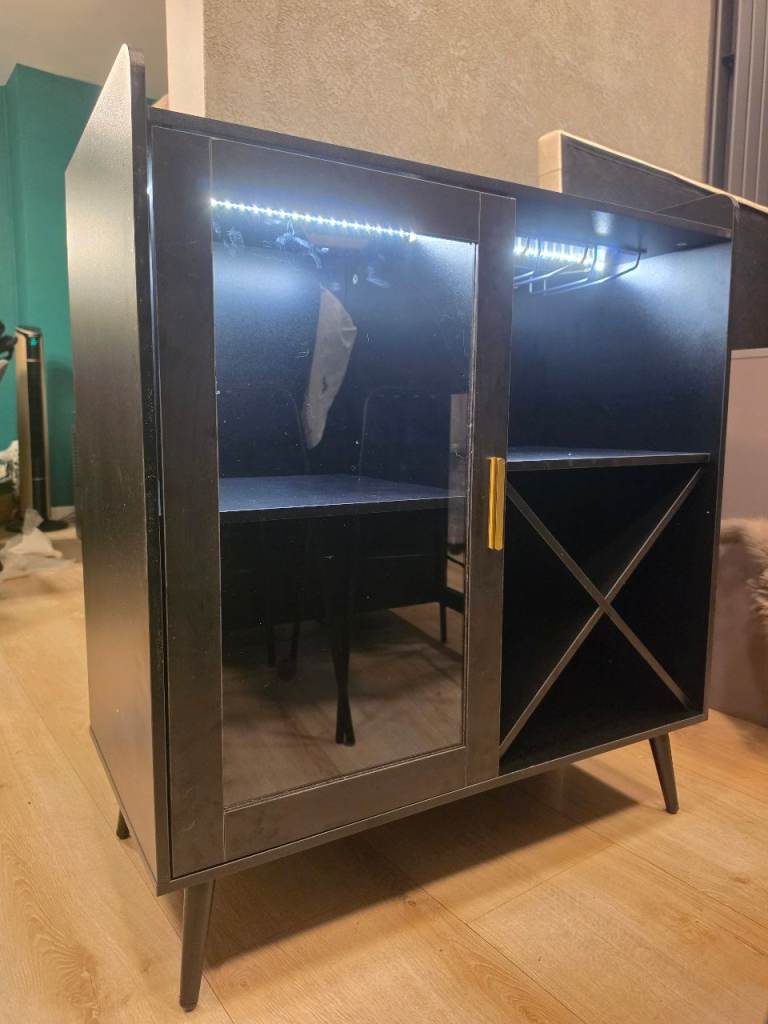 Black Wooden Sideboard with Glass Door and Wine Rack