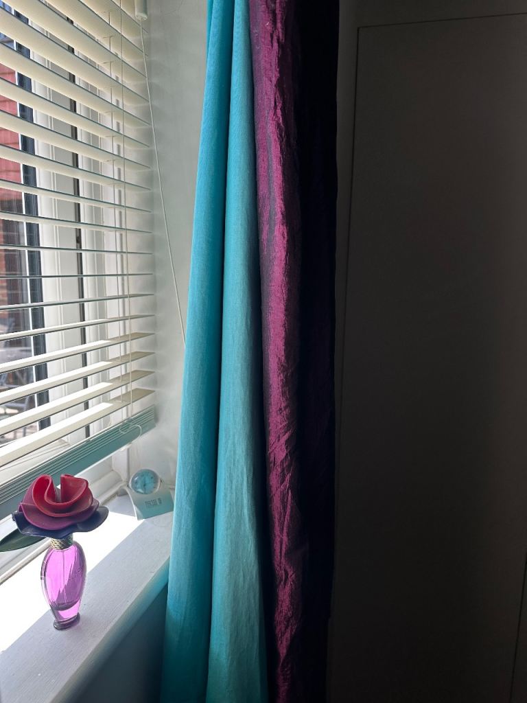 Pair of Teal lined and Magenta Curtains – Beautiful condition.