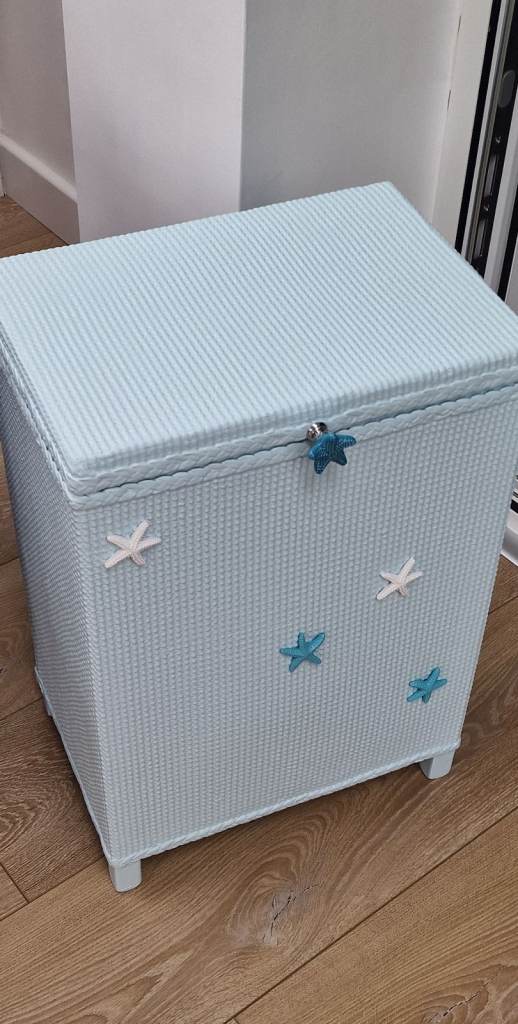 Vintage Light Blue Lloyd Loom/Sirrom Storage Box with Starfish Decor, Coastal Vibe