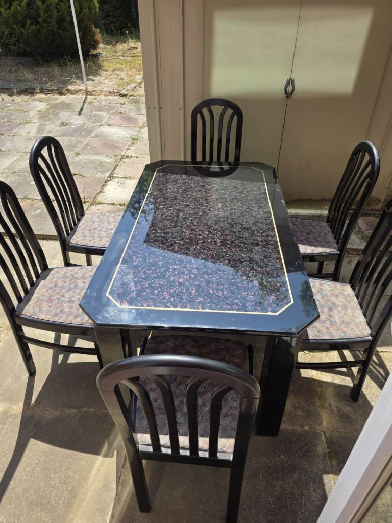 Black Dining Table with Granite Effect Top & 6 Chairs