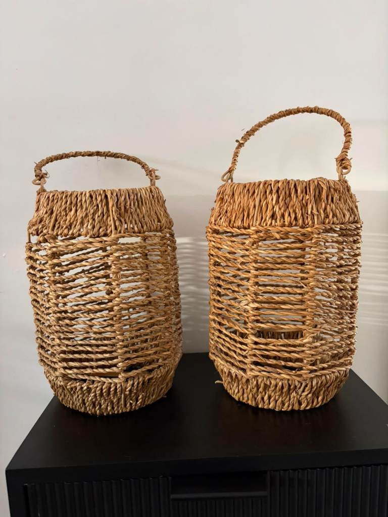 Set of 2 Woven Seagrass Baskets with Handles – Rustic Storage/Lantern Style