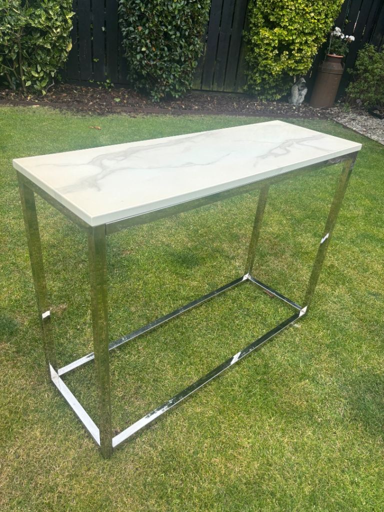 Chrome and faux marble console table 