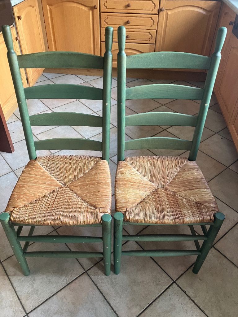 Pair of Green high backed Wooden Dining Chairs with Woven Seats
