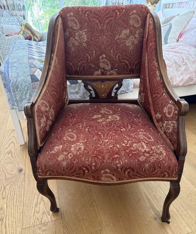 Edwardian Antique Boudoir Parlour Chair with Marquetry Inlay - Needs Repair