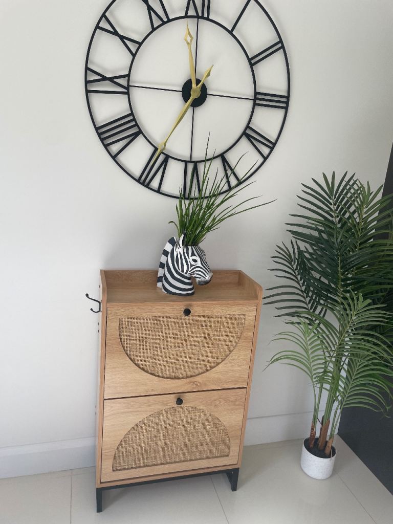 Wooden Shoe Storage Cabinet with Rattan Details