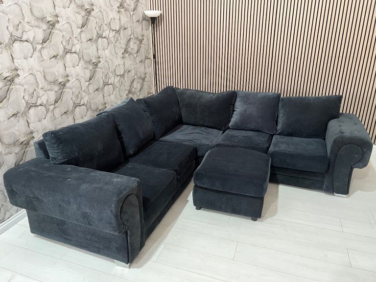 Large Grey Corner Sofa with Footstool – Good Condition