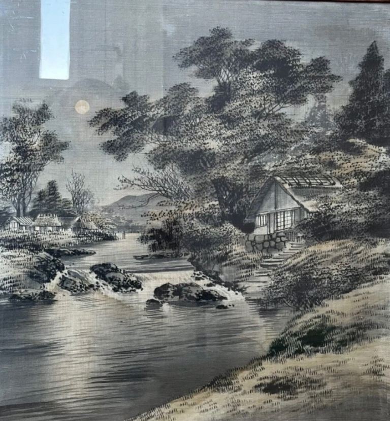 Large Vintage Grey And White Fabric Art Painting