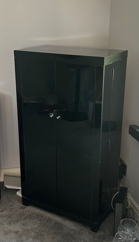 Black Glossy Storage Cabinet with Shelves – Good Condition