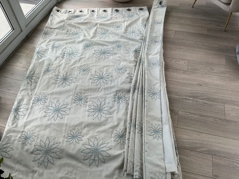 Pair of Dunelm Cream/Duck Egg Blue Eyelet Curtains 90 x 90 inches