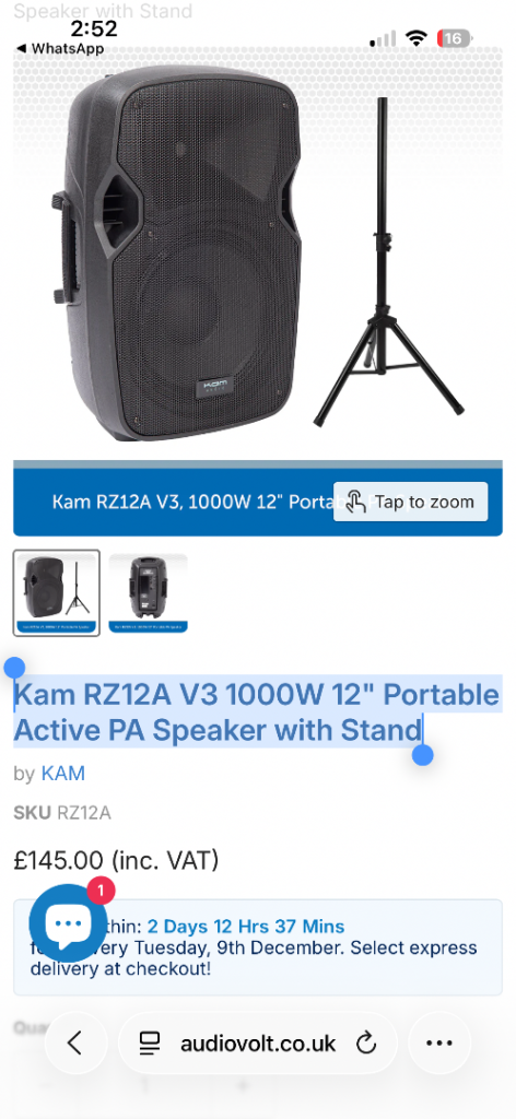 CAN DELIVER, Kam RZ12A V3 1000W 12" Portable Active PA Speaker, excellent condition (NO STAND)