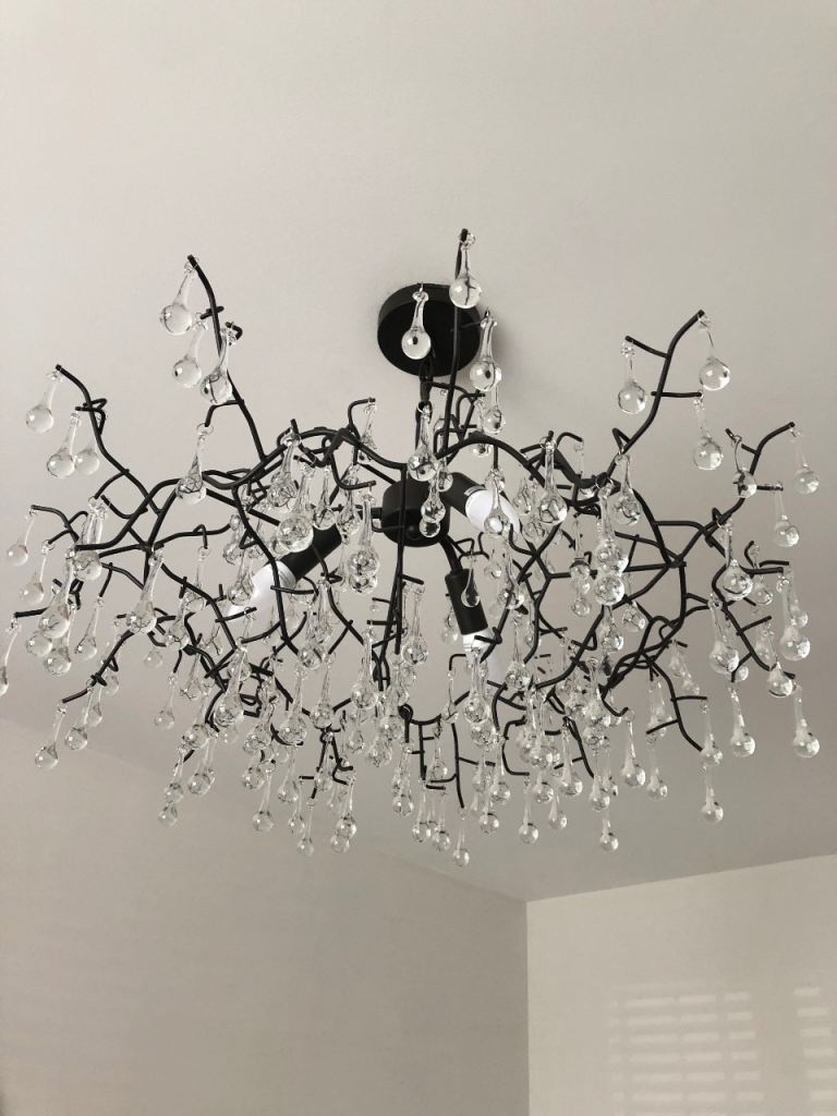 JL Black Metal Chandelier with Clear Glass Droplets