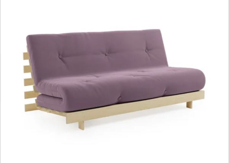 Purple Futon Sofa Bed with Wooden Frame – Good Condition