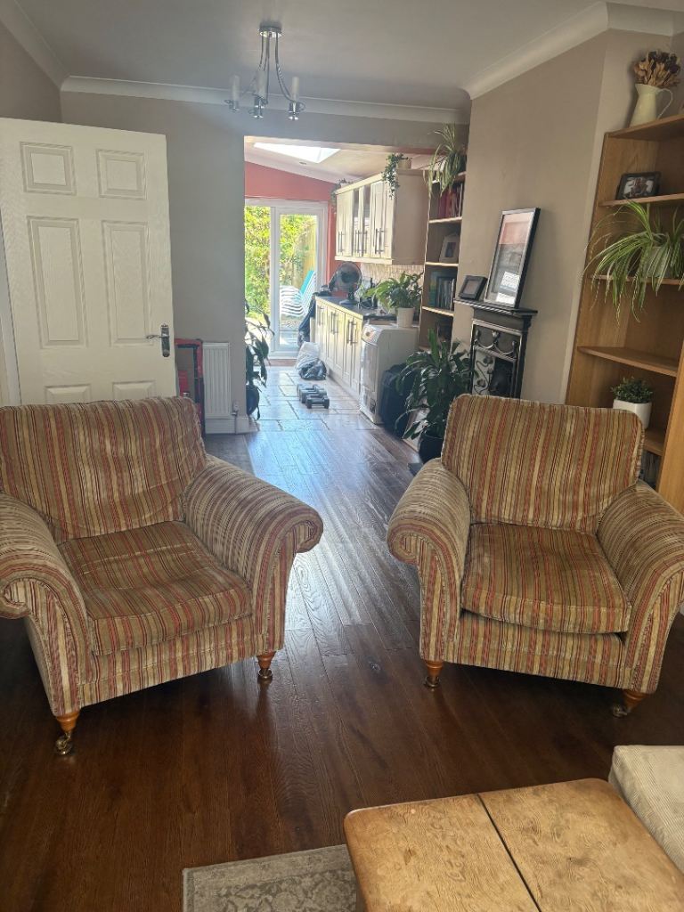 Pair of Striped Parker Knoll Armchairs – Comfortable Fabric, Fair Condition