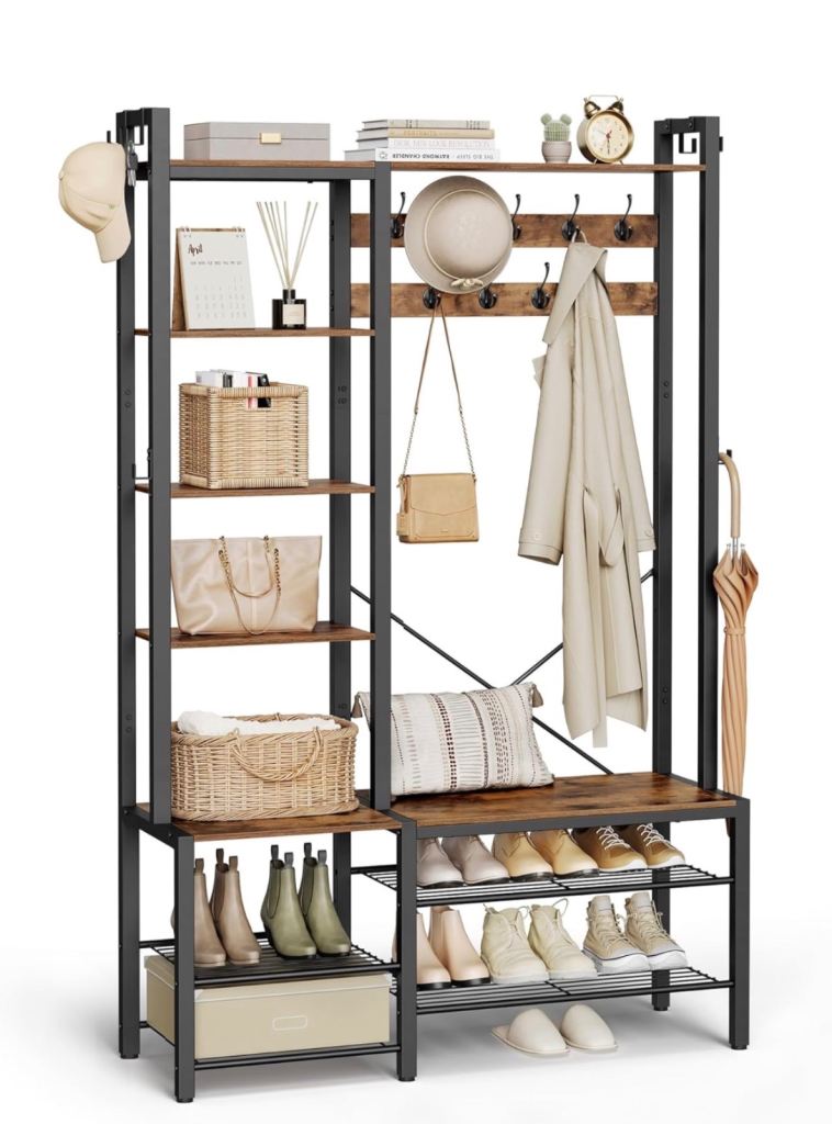 Industrial Style Hall Tree Coat Rack with Storage Bench and Shelves