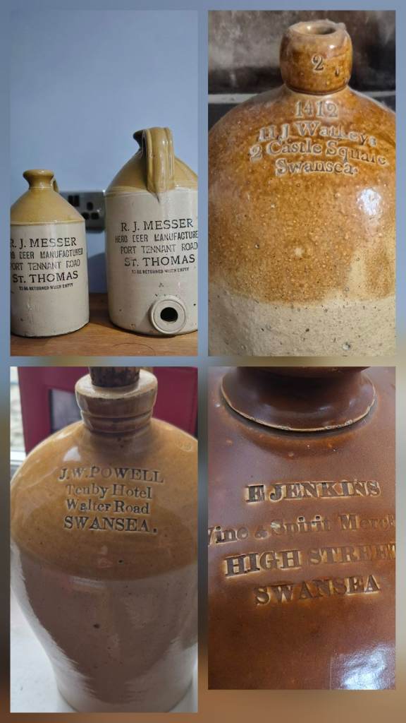 image for Old local named stoneware bottles and jars, ginger beer , flagons , pot lids