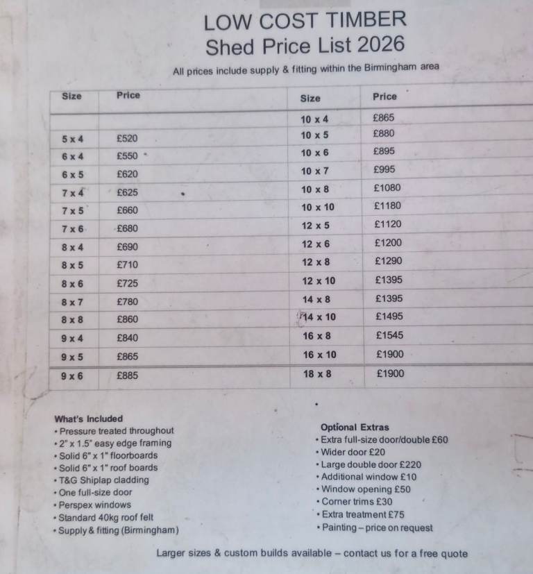 Low Cost Timber Sheds – Various Sizes Available