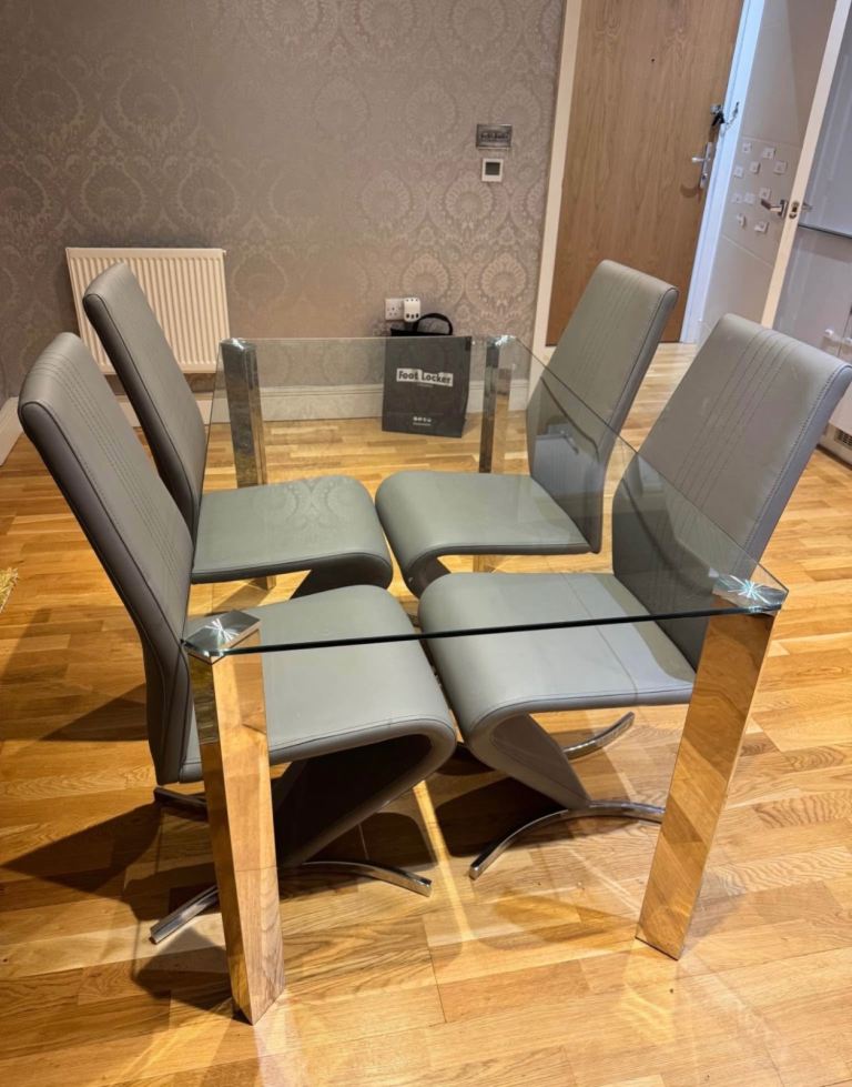 Glass Dining Table with 4 Grey Chairs – Good Condition, £150.00 for Sale