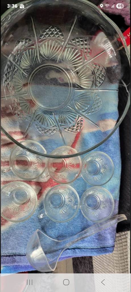 Vintage Glass Punch Bowl Set with Cups and Ladle