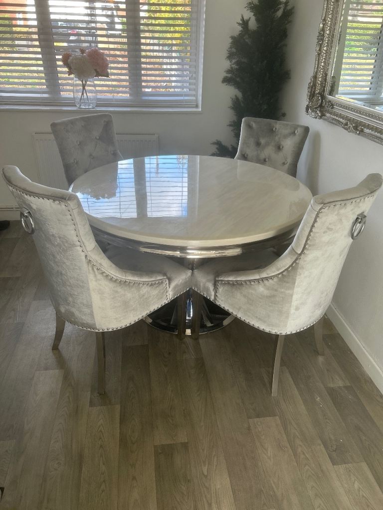 Modern Grey Dining Table with 4 Velvet Chairs – Good Condition