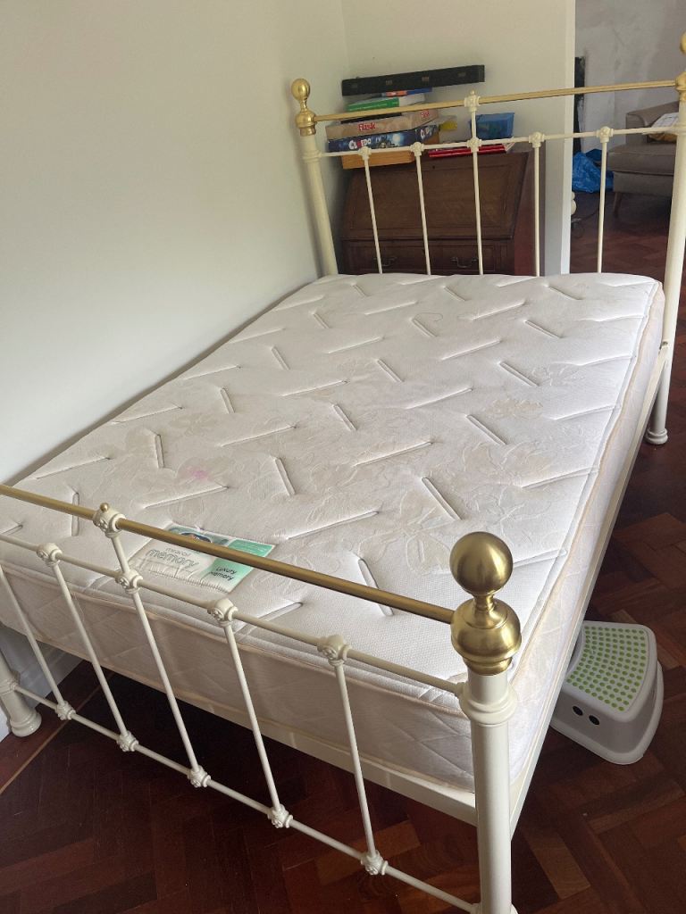 Cream Metal Bed Frame with Mattress – Double Size
