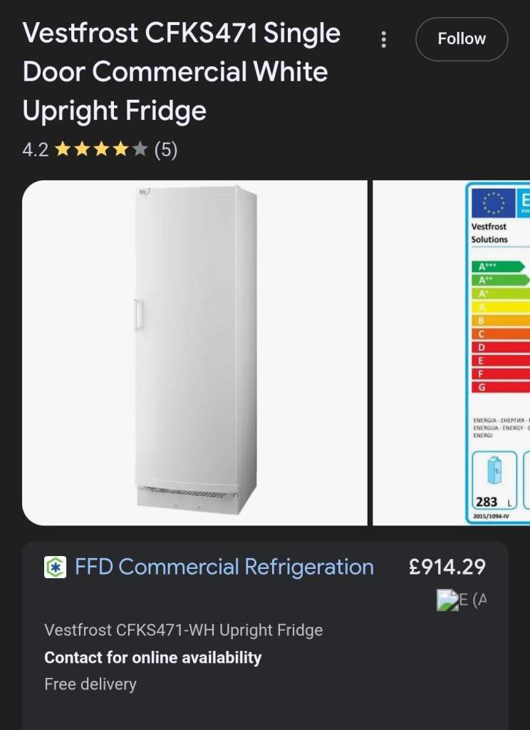 Vestfrost CFKS471-WH Light Duty 370 Ltr Upright Single Door White Fridge commercial