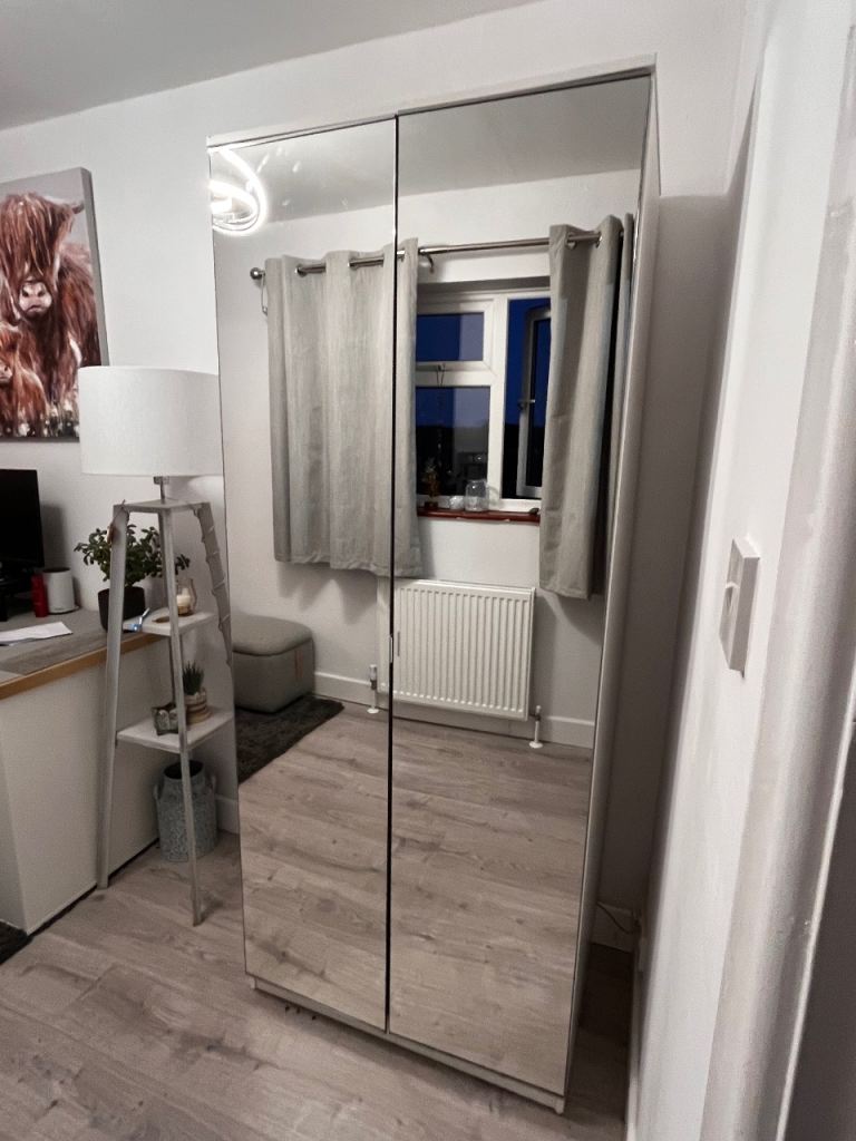 White Wood Double Wardrobe with Mirrored Doors - Good Condition