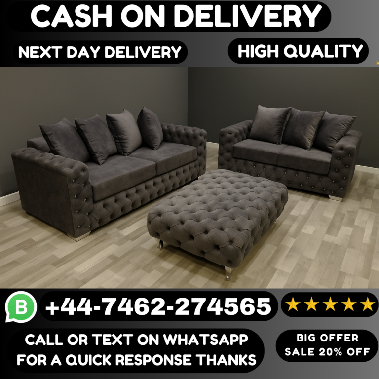 New Grey Fabric Sofa Set with Ottoman – 2 & 3 Seater