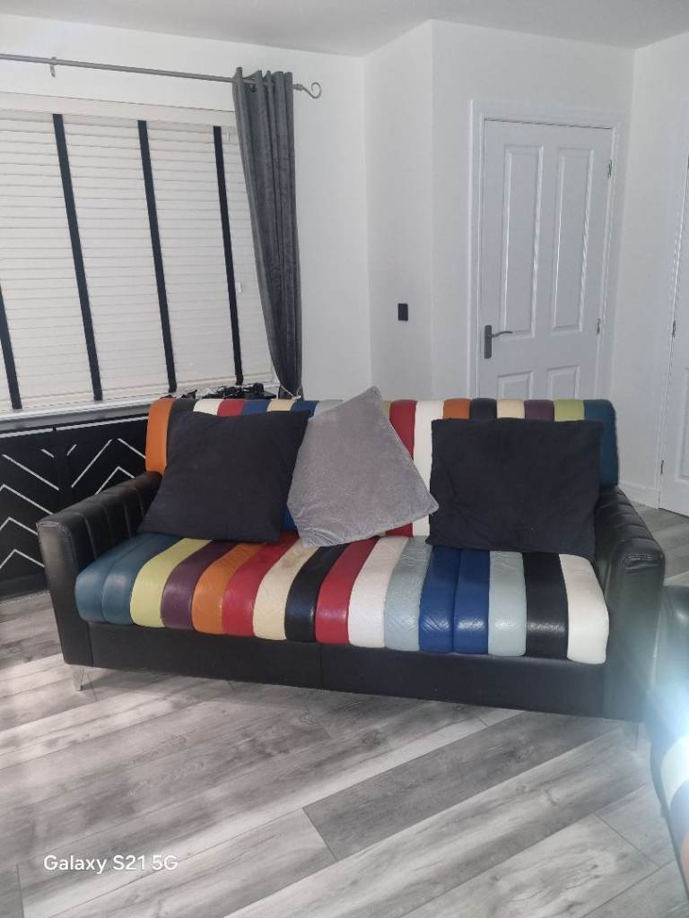 TWO LEATHER STRIPED 3 SEATER COUCHES 