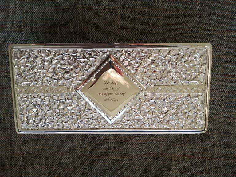 NEW  BOXED - SILVER PLATED JEWELLERY BOX - ENGRAVED WITH LOVE CHRIS