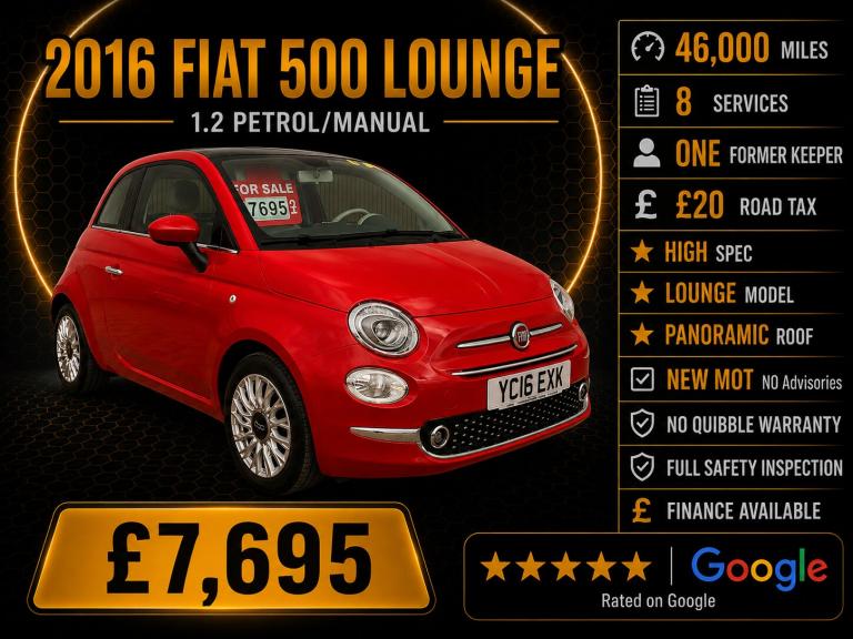 2016 Fiat 500 1.2 Lounge 3dr HATCHBACK Petrol Manual
